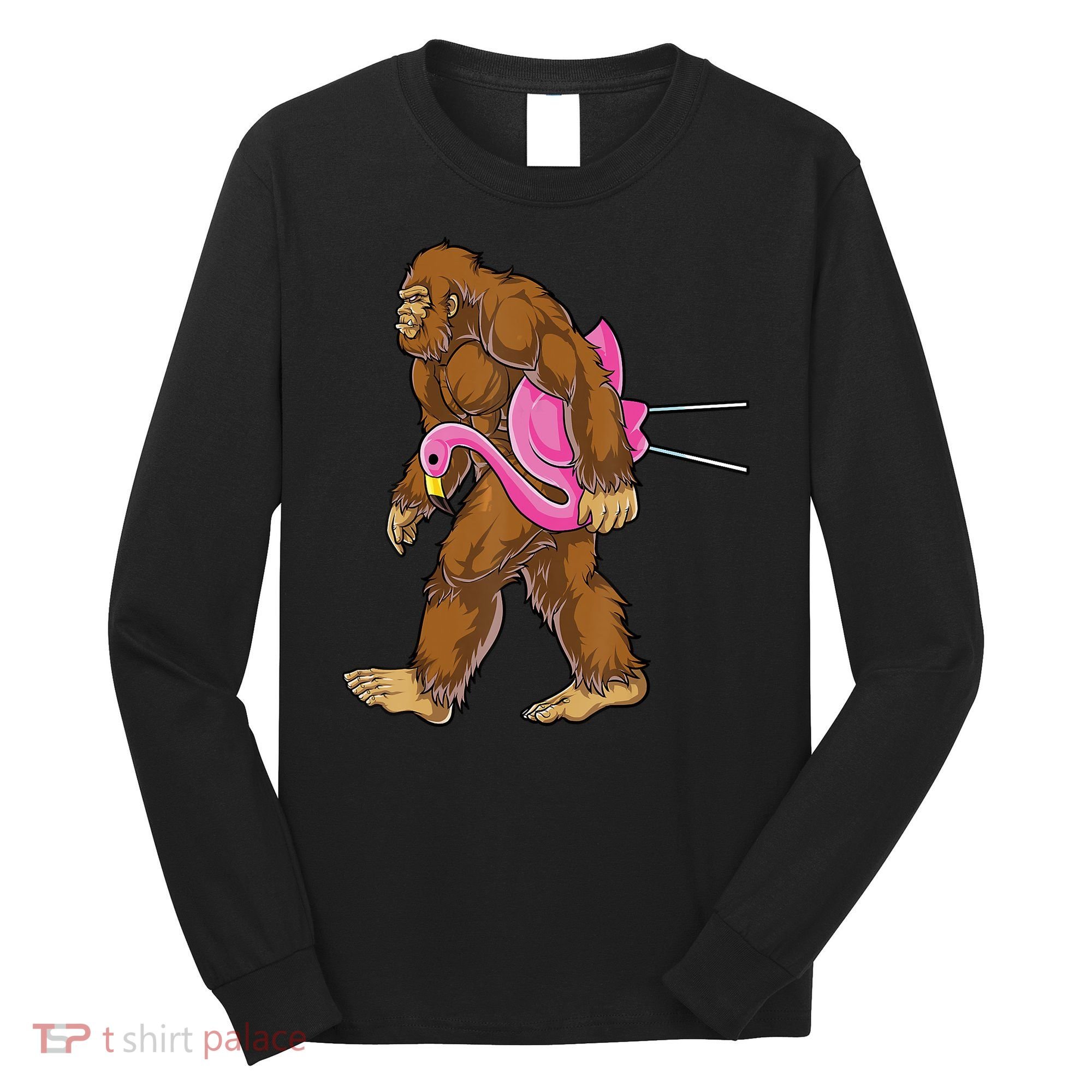 Funny Bigfoot Carry Flamingo Walking Sasquatch Believe Long Sleeve Shirt