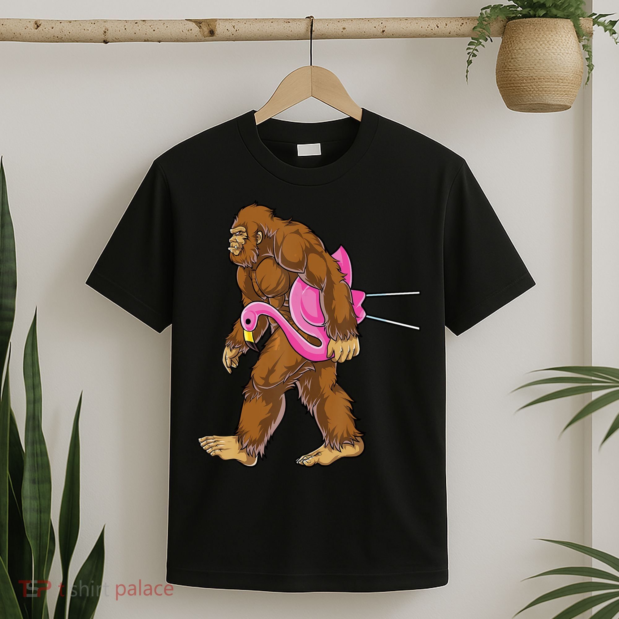Funny Bigfoot Carry Flamingo Walking Sasquatch Believe T-Shirt