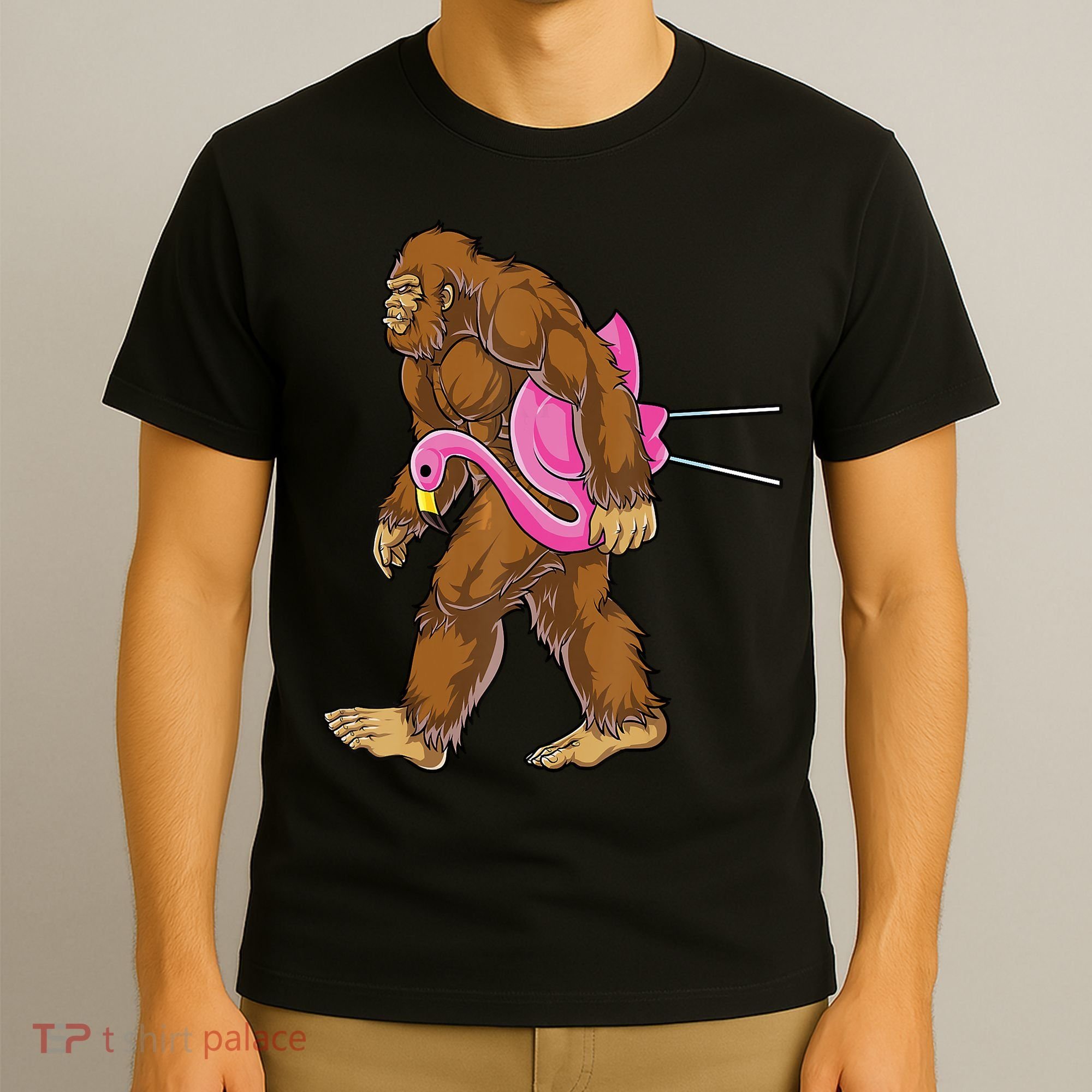 Funny Bigfoot Carry Flamingo Walking Sasquatch Believe T-Shirt