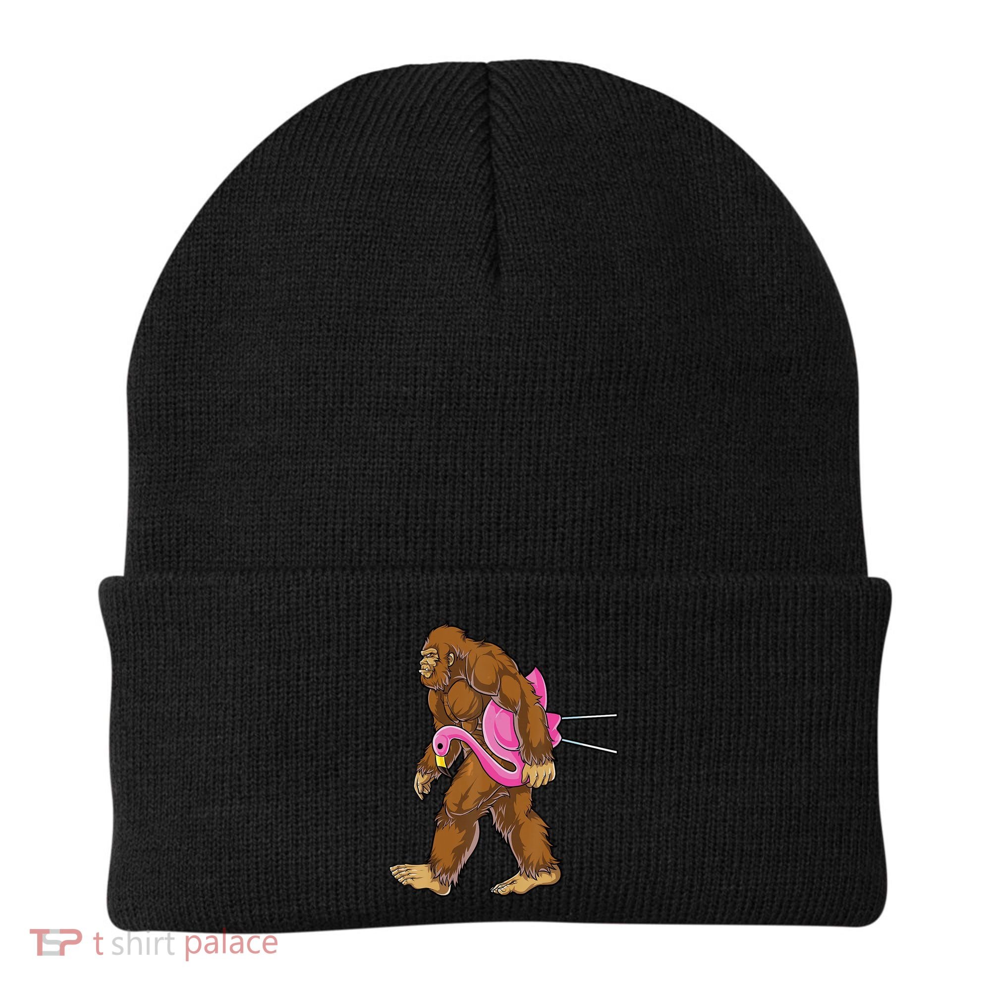Funny Bigfoot Carry Flamingo Walking Sasquatch Believe Beanie