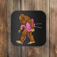 Funny Bigfoot Carry Flamingo Walking Sasquatch Believe Coaster thumb 0