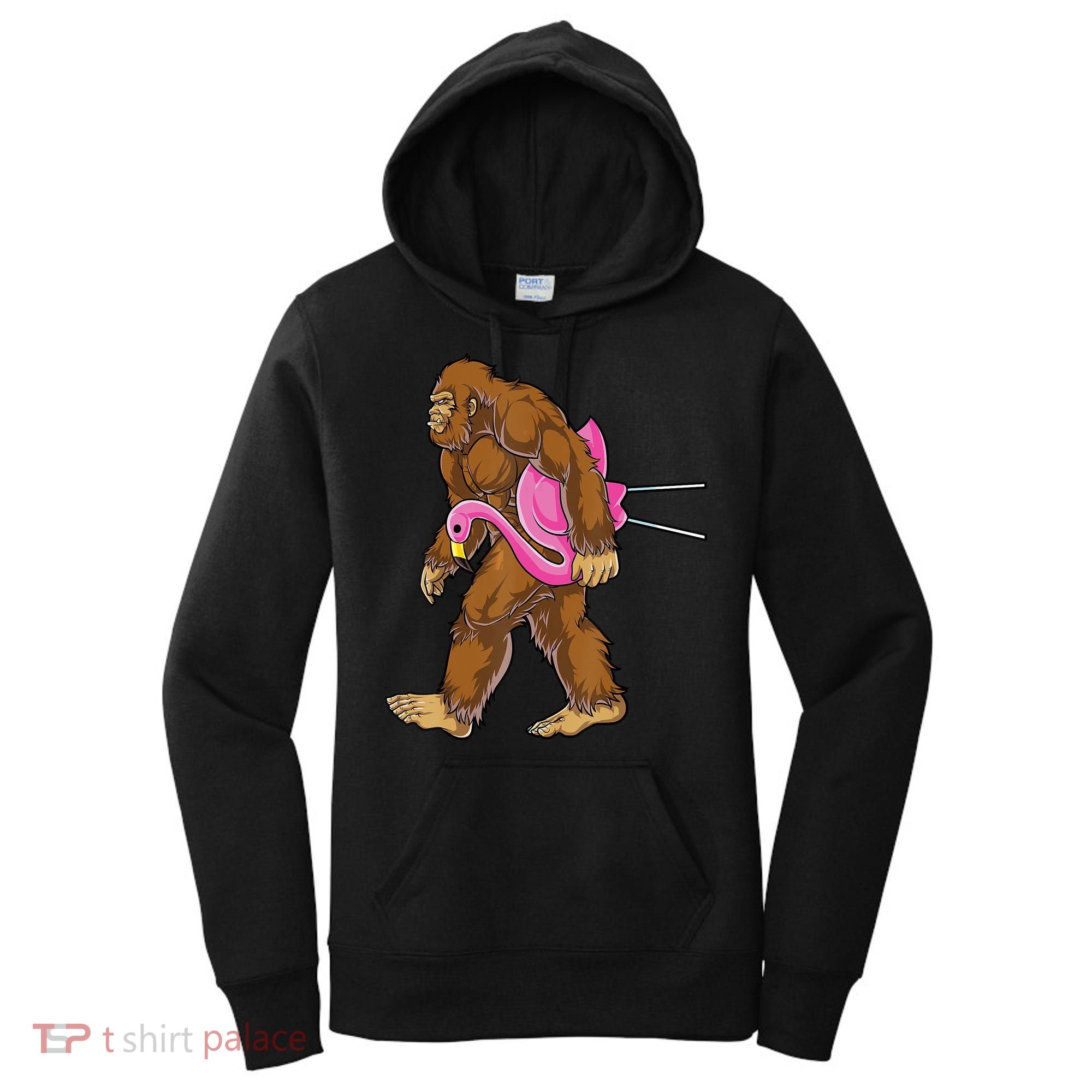 Funny Bigfoot Carry Flamingo Walking Sasquatch Believe Women's Hoodie