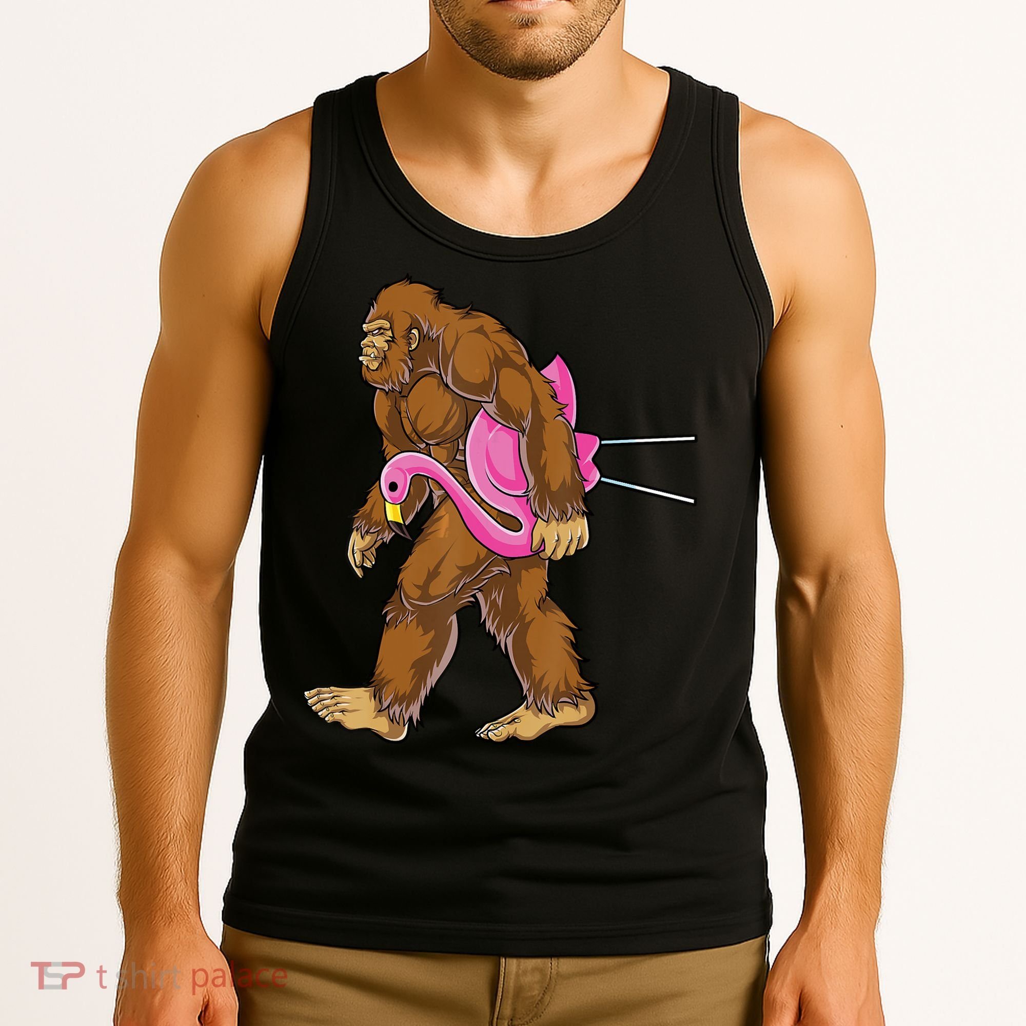 Funny Bigfoot Carry Flamingo Walking Sasquatch Believe Tank Top