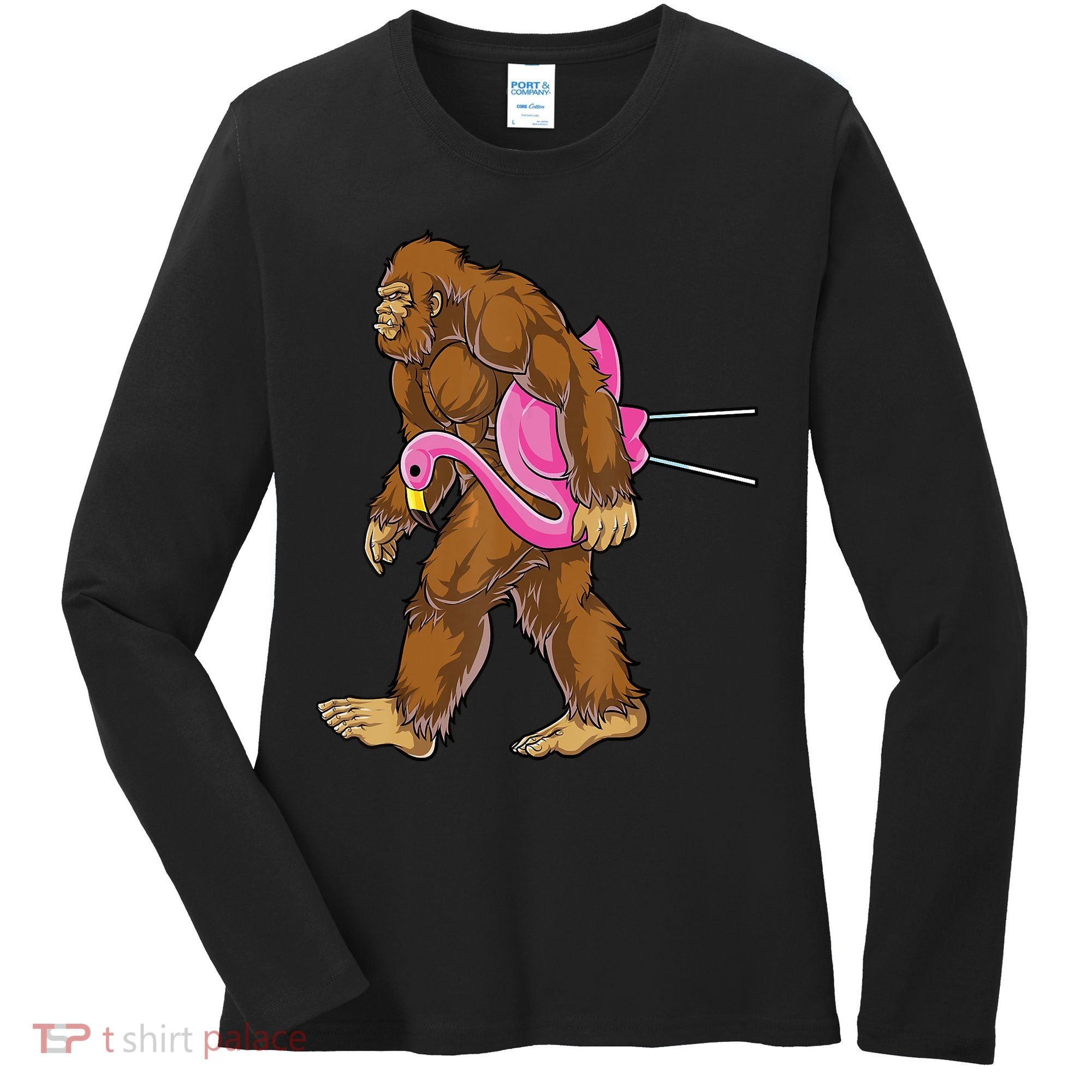 Funny Bigfoot Carry Flamingo Walking Sasquatch Believe Women's Long Sleeve Shirt