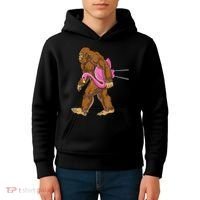 Funny Bigfoot Carry Flamingo Walking Sasquatch Believe Kids Hoodie thumb 4