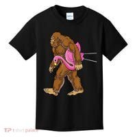 Funny Bigfoot Carry Flamingo Walking Sasquatch Believe Kids T-Shirt thumb 0