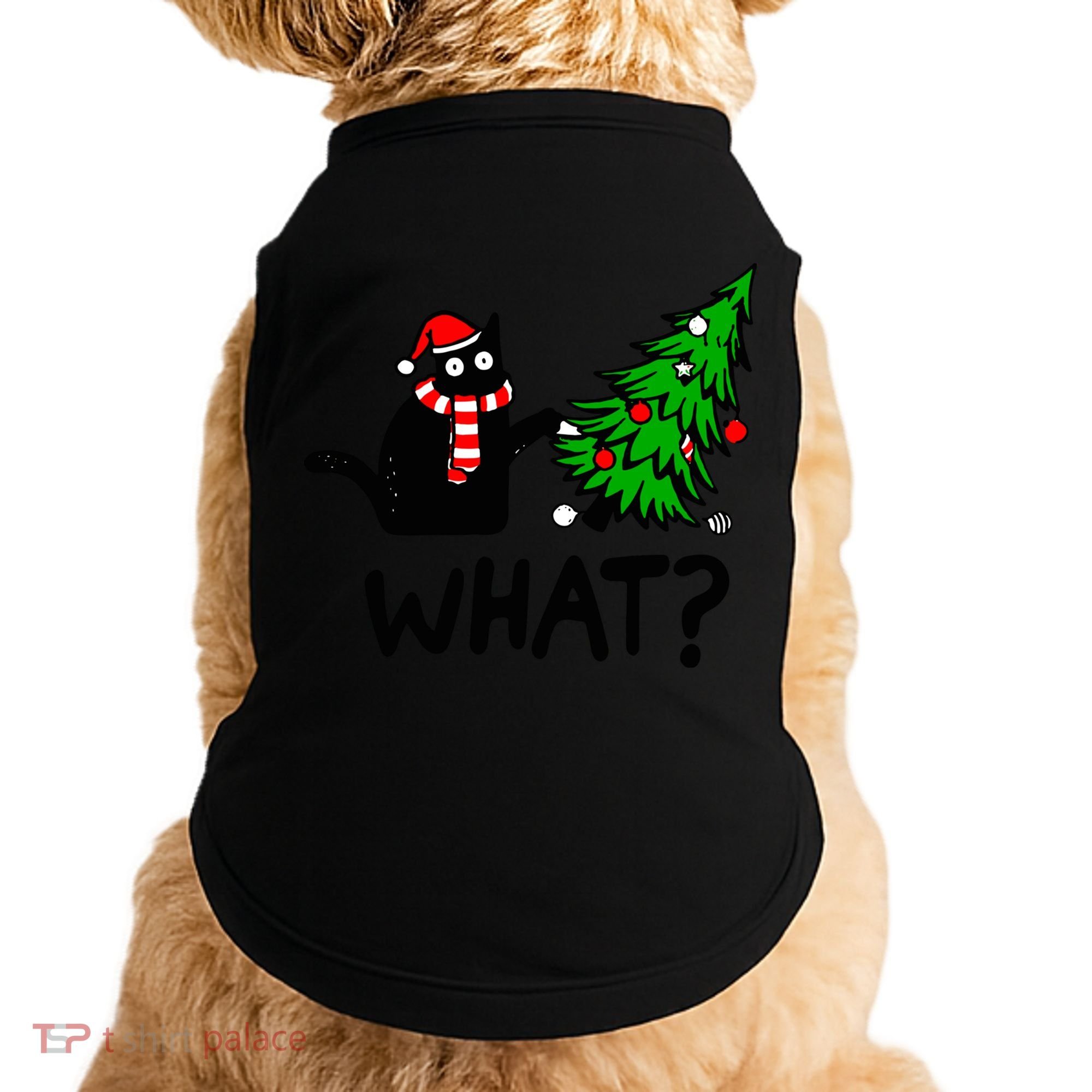 Funny Black Cat Gift Pushing Christmas Tree Over Cat What? Gift Doggie Tank
