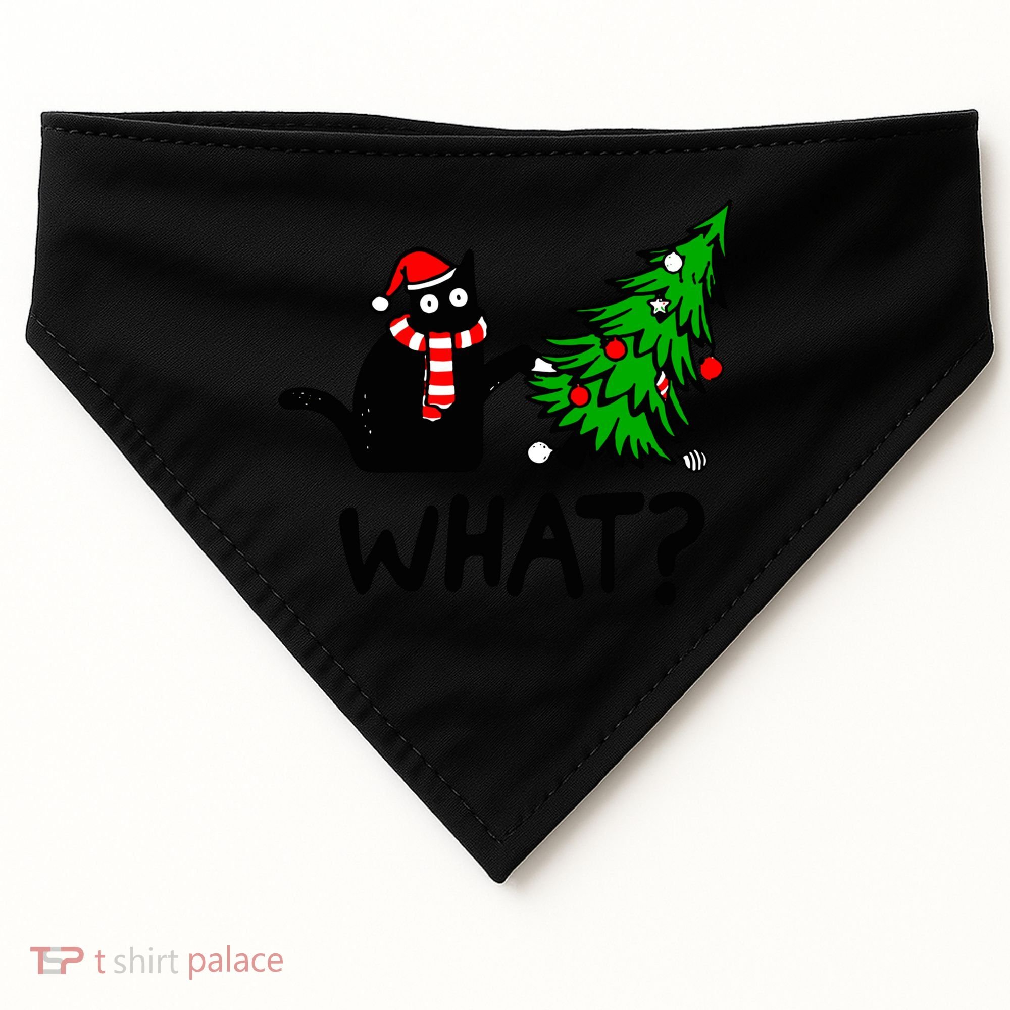 Funny Black Cat Gift Pushing Christmas Tree Over Cat What? Gift USA-Made Doggie Bandana