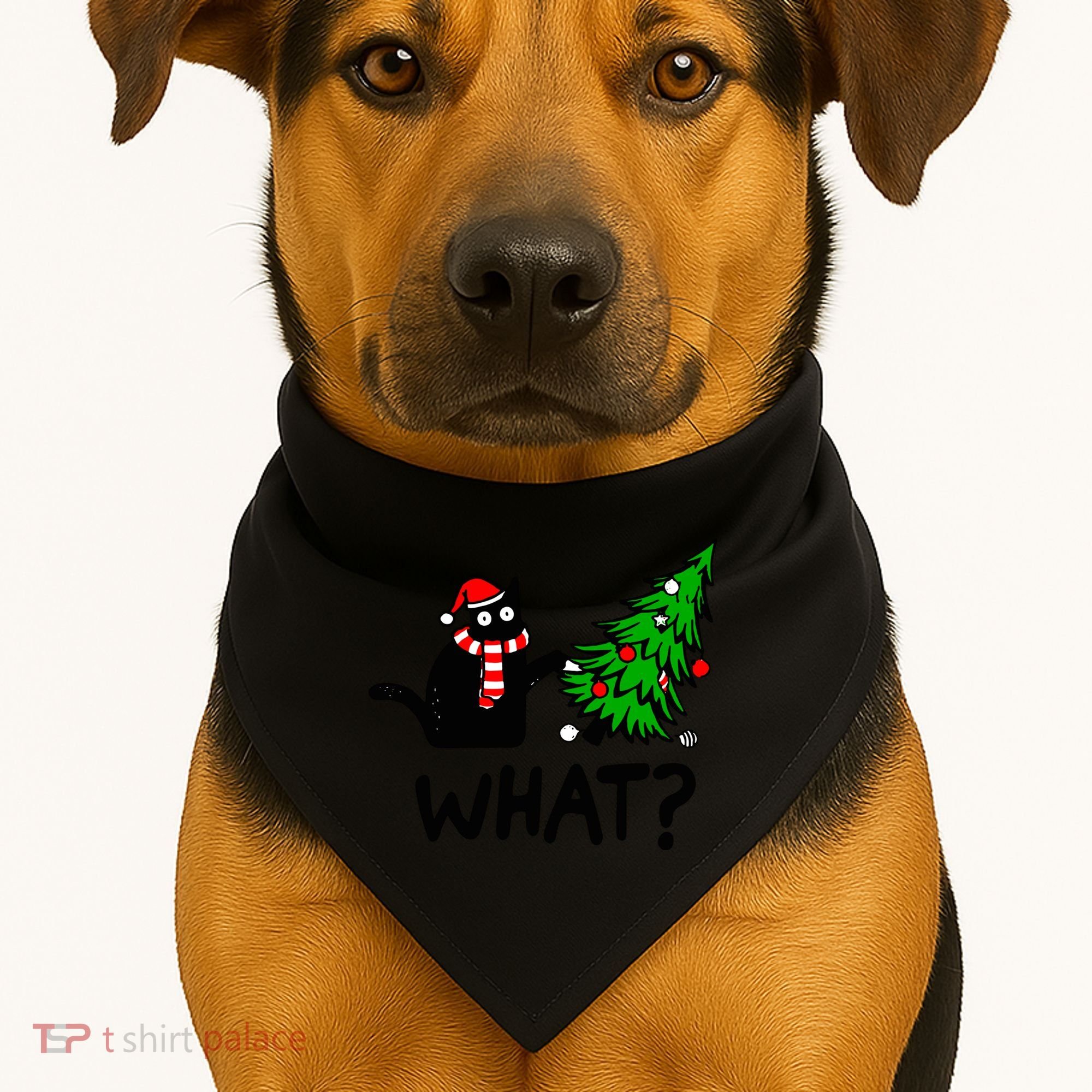Funny Black Cat Gift Pushing Christmas Tree Over Cat What? Gift USA-Made Doggie Bandana