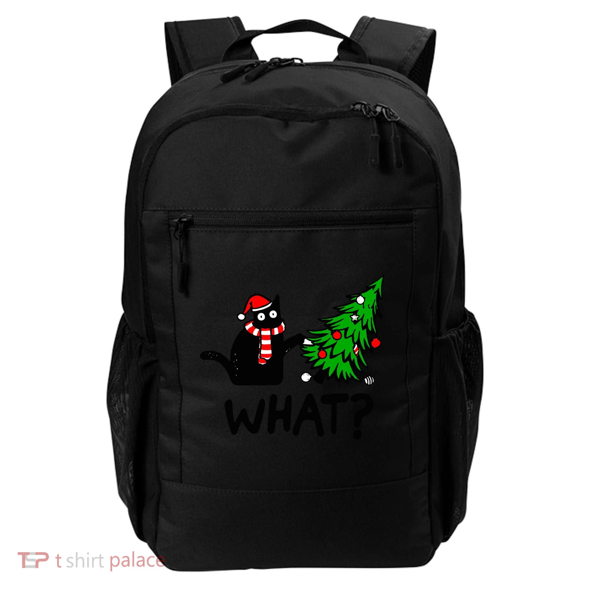 Funny Black Cat Gift Pushing Christmas Tree Over Cat What? Gift Backpack