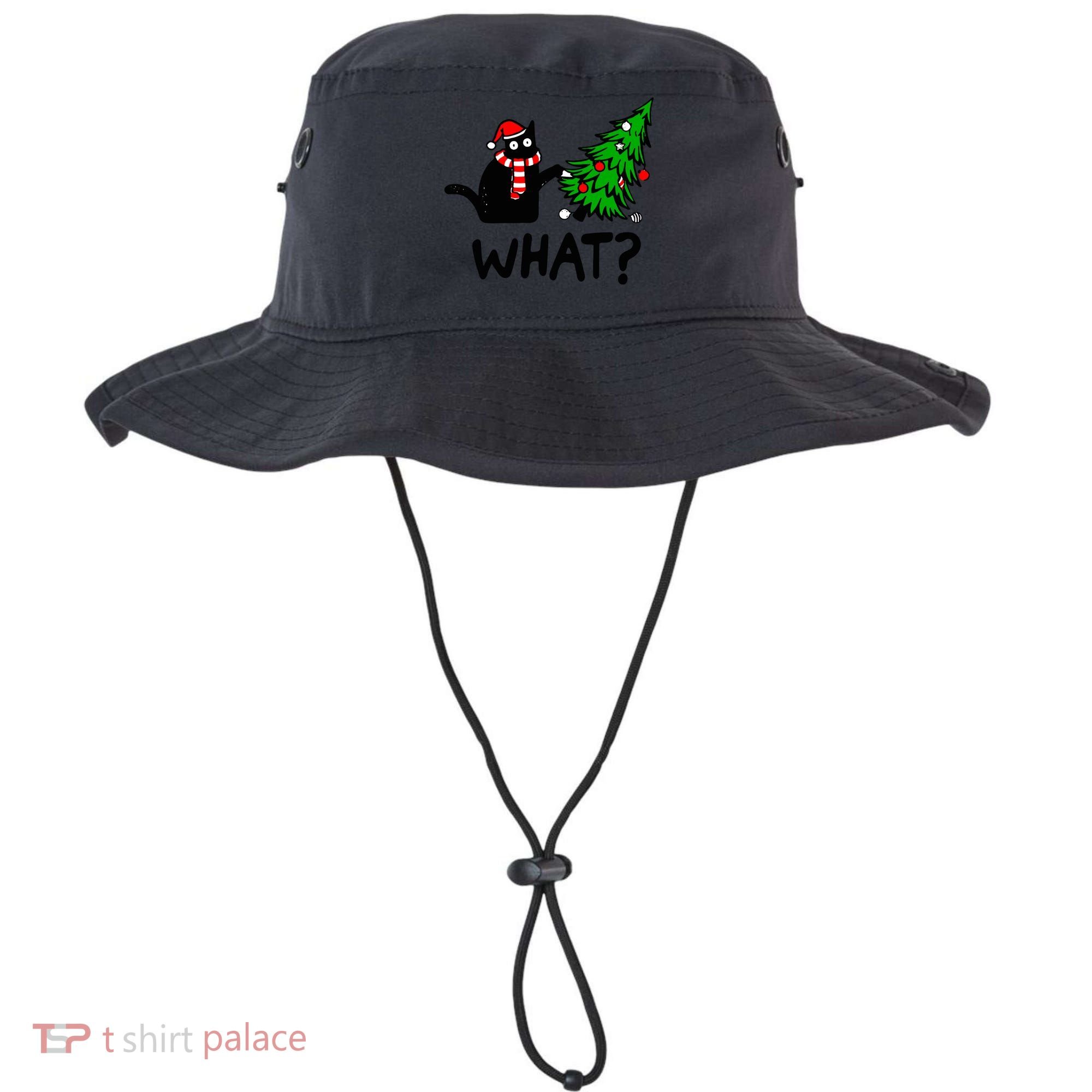 Funny Black Cat Gift Pushing Christmas Tree Over Cat What? Gift Bucket Hat