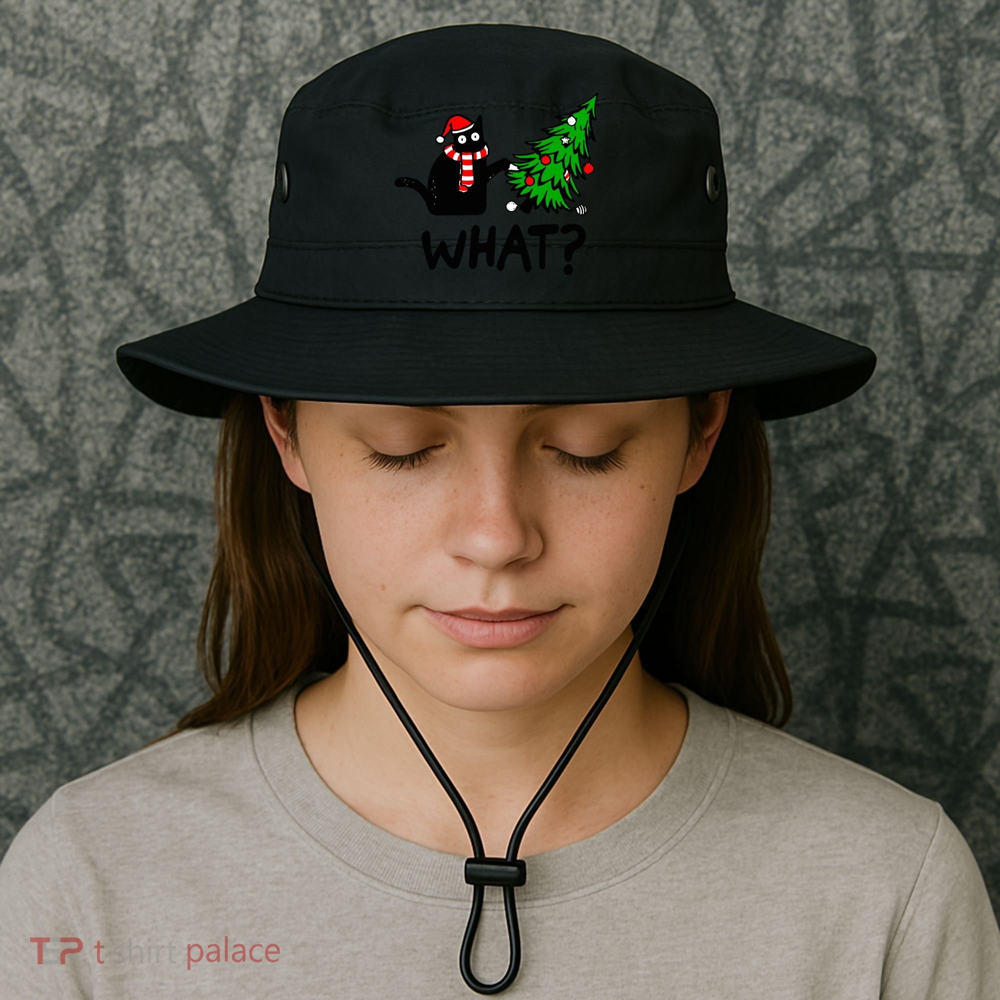 Funny Black Cat Gift Pushing Christmas Tree Over Cat What? Gift Bucket Hat