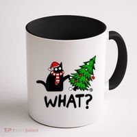 Funny Black Cat Gift Pushing Christmas Tree Over Cat What? Gift Coffee Mug thumb 1