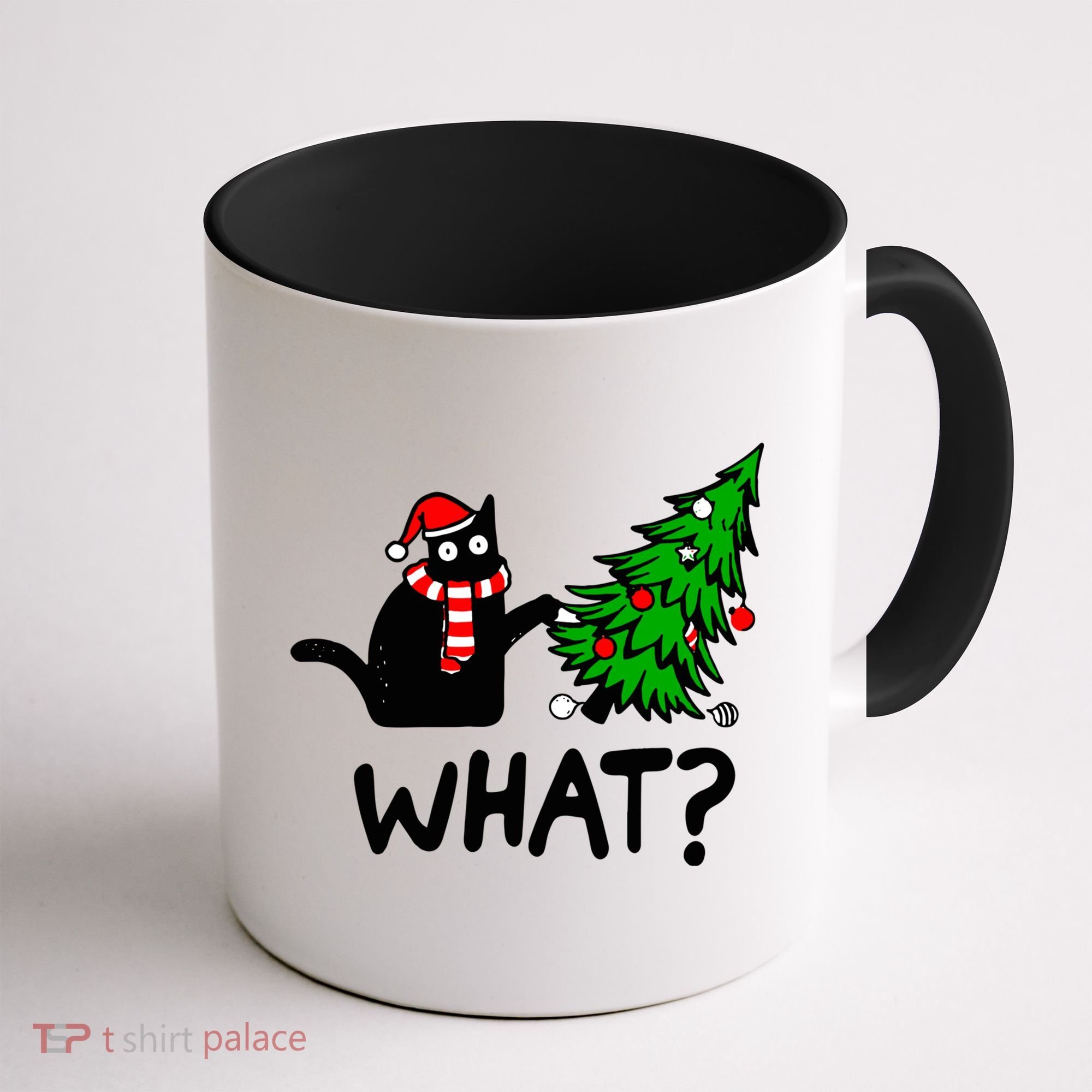 Funny Black Cat Gift Pushing Christmas Tree Over Cat What? Gift Coffee Mug