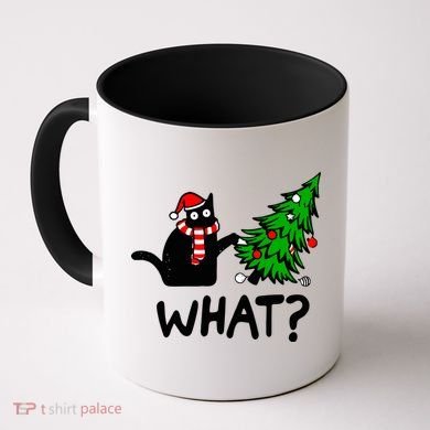 Funny Black Cat Gift Pushing Christmas Tree Over Cat What? Gift Coffee Mug