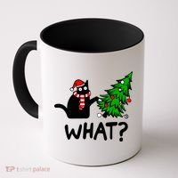 Funny Black Cat Gift Pushing Christmas Tree Over Cat What? Gift Coffee Mug thumb 0