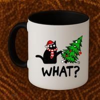 Funny Black Cat Gift Pushing Christmas Tree Over Cat What? Gift Coffee Mug thumb 2
