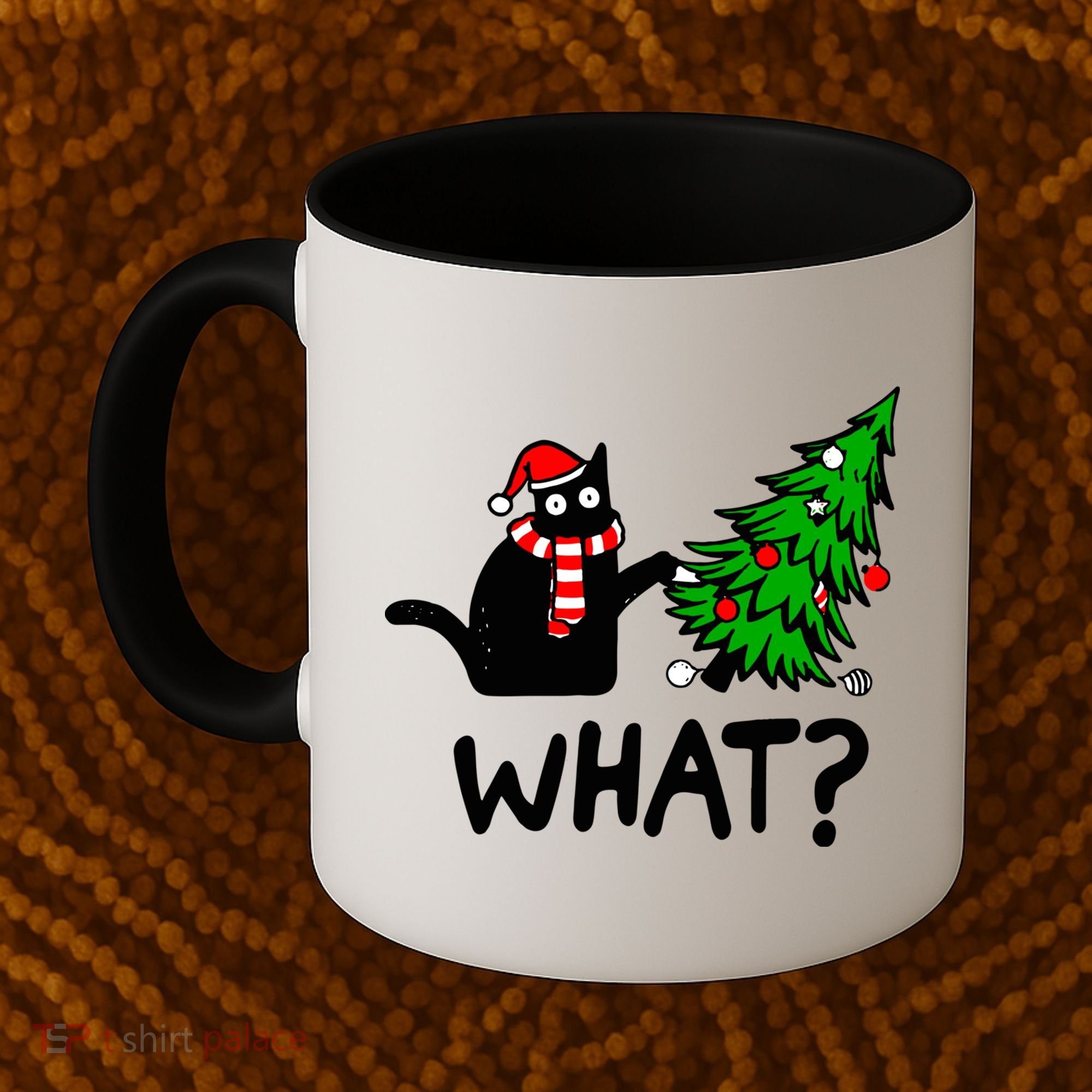 Funny Black Cat Gift Pushing Christmas Tree Over Cat What? Gift Coffee Mug
