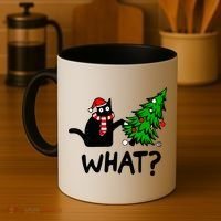 Funny Black Cat Gift Pushing Christmas Tree Over Cat What? Gift Coffee Mug thumb 4