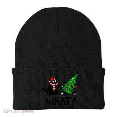 Funny Black Cat Gift Pushing Christmas Tree Over Cat What? Gift Beanie