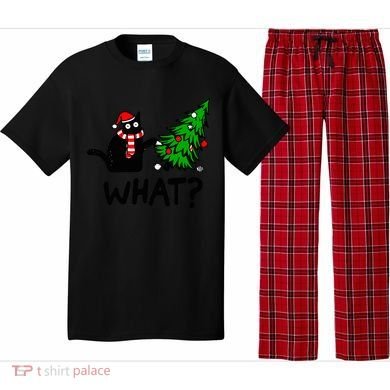 Funny Black Cat Gift Pushing Christmas Tree Over Cat What? Gift Pajama Set