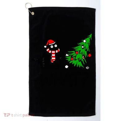 Funny Black Cat Gift Pushing Christmas Tree Over Cat What? Gift Golf Towel
