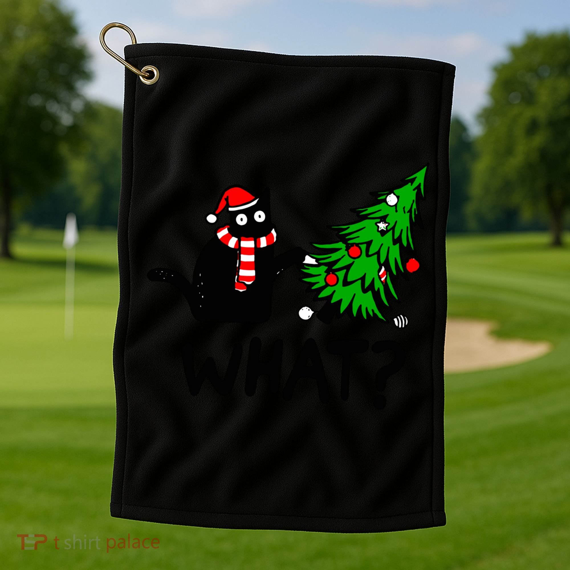 Funny Black Cat Gift Pushing Christmas Tree Over Cat What? Gift Golf Towel