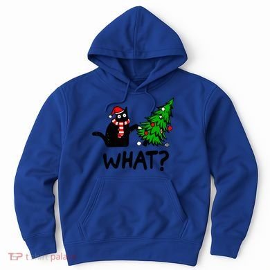 Funny Black Cat Gift Pushing Christmas Tree Over Cat What? Gift Hoodie