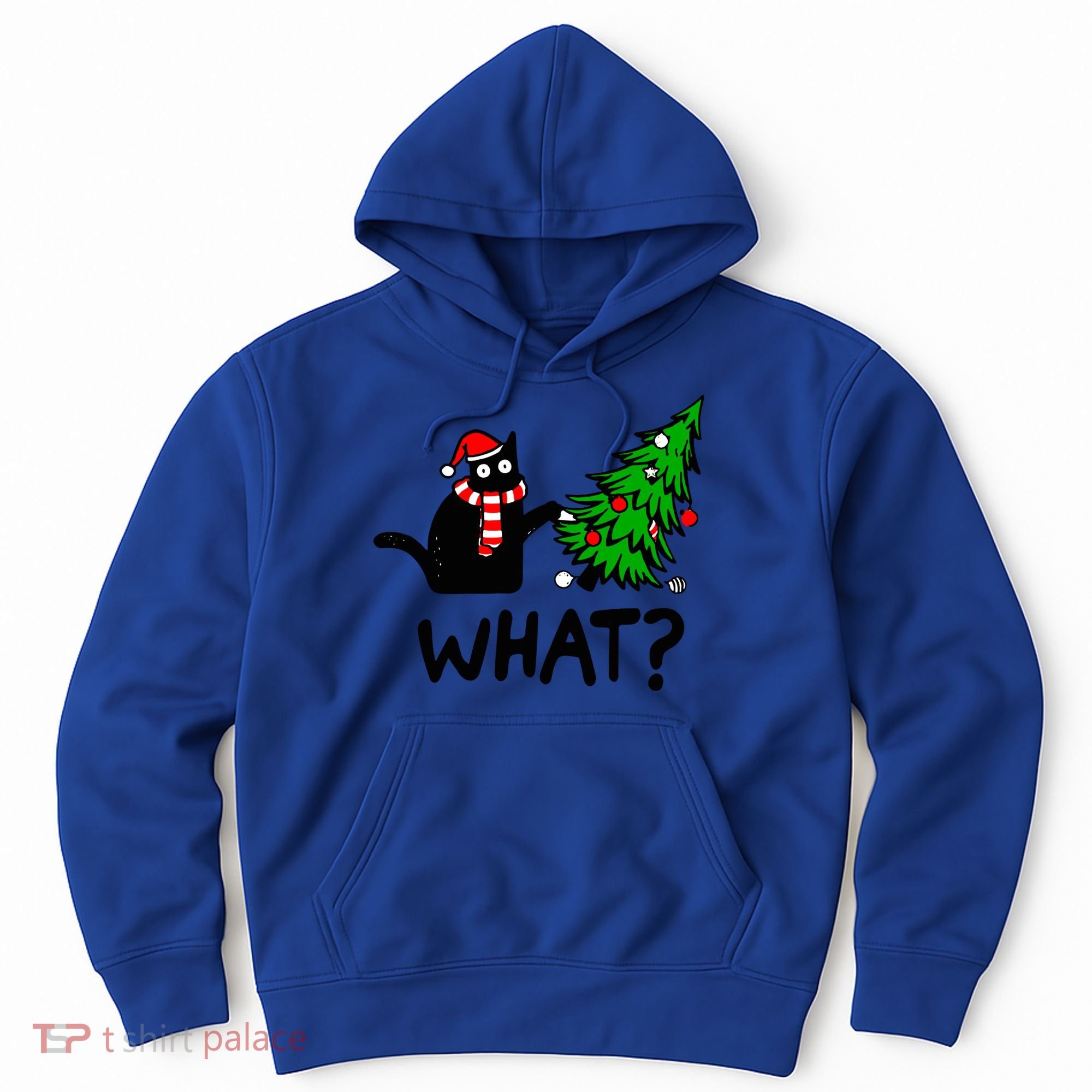 Funny Black Cat Gift Pushing Christmas Tree Over Cat What? Gift Hoodie