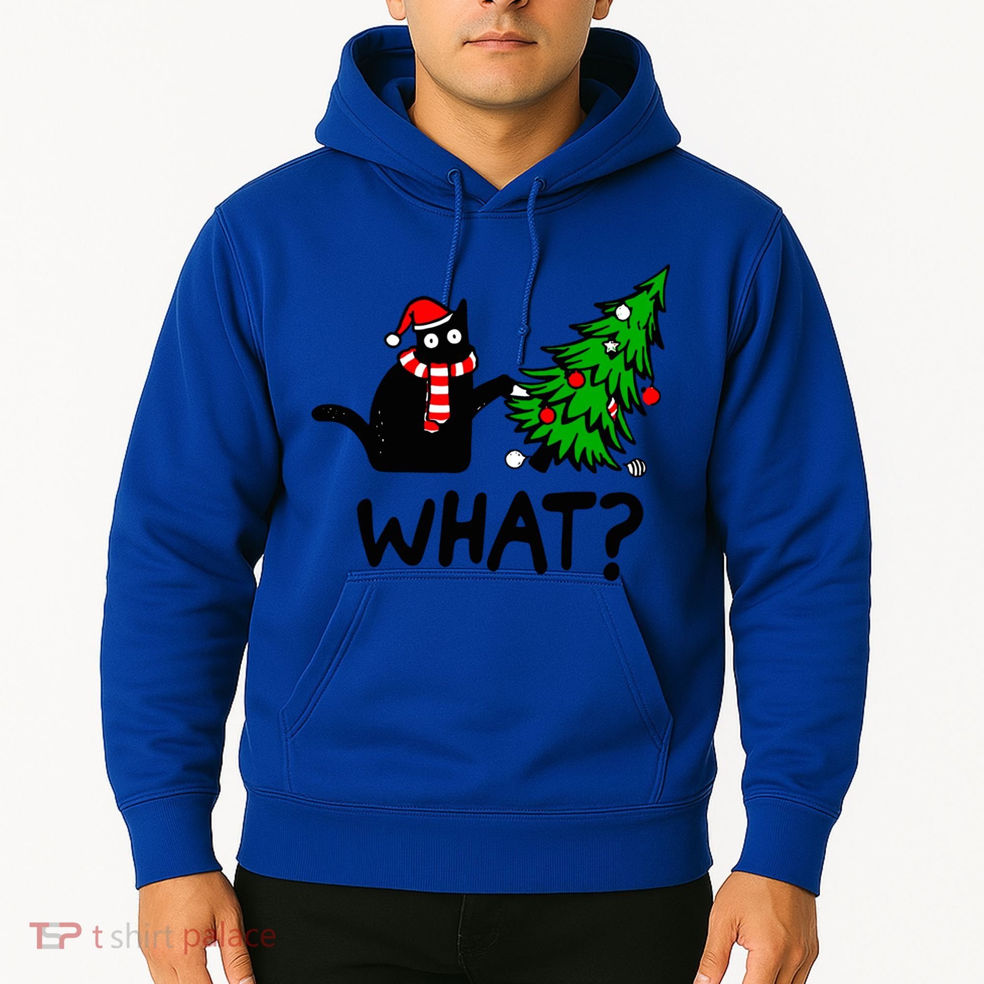 Funny Black Cat Gift Pushing Christmas Tree Over Cat What? Gift Hoodie