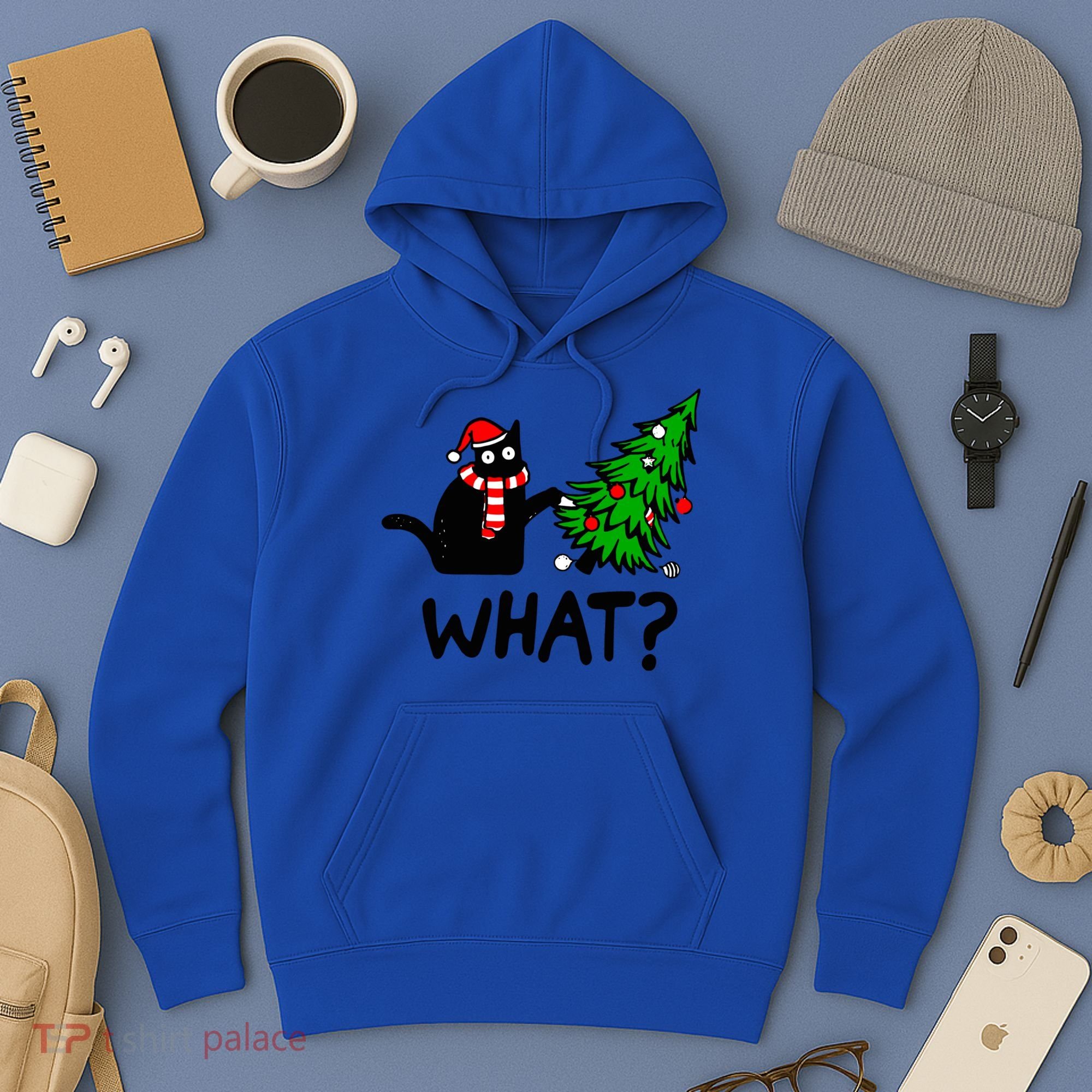 Funny Black Cat Gift Pushing Christmas Tree Over Cat What? Gift Hoodie