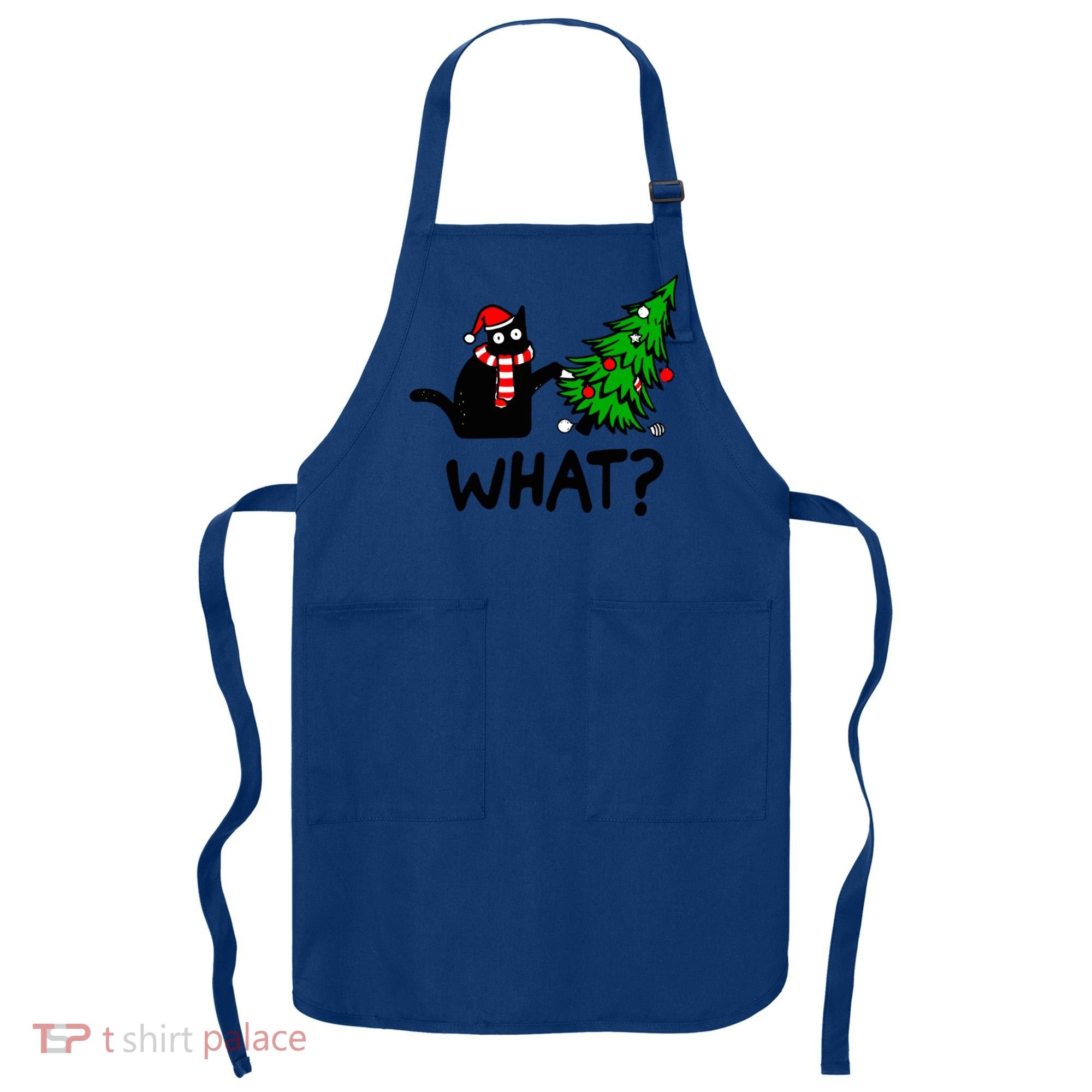 Funny Black Cat Gift Pushing Christmas Tree Over Cat What? Gift Apron