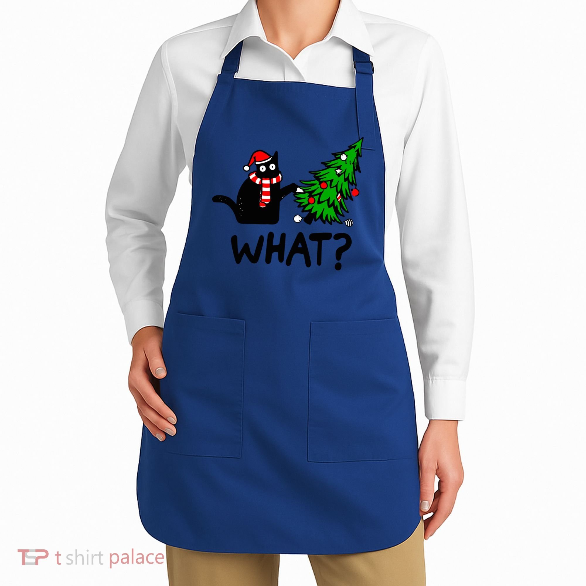 Funny Black Cat Gift Pushing Christmas Tree Over Cat What? Gift Apron