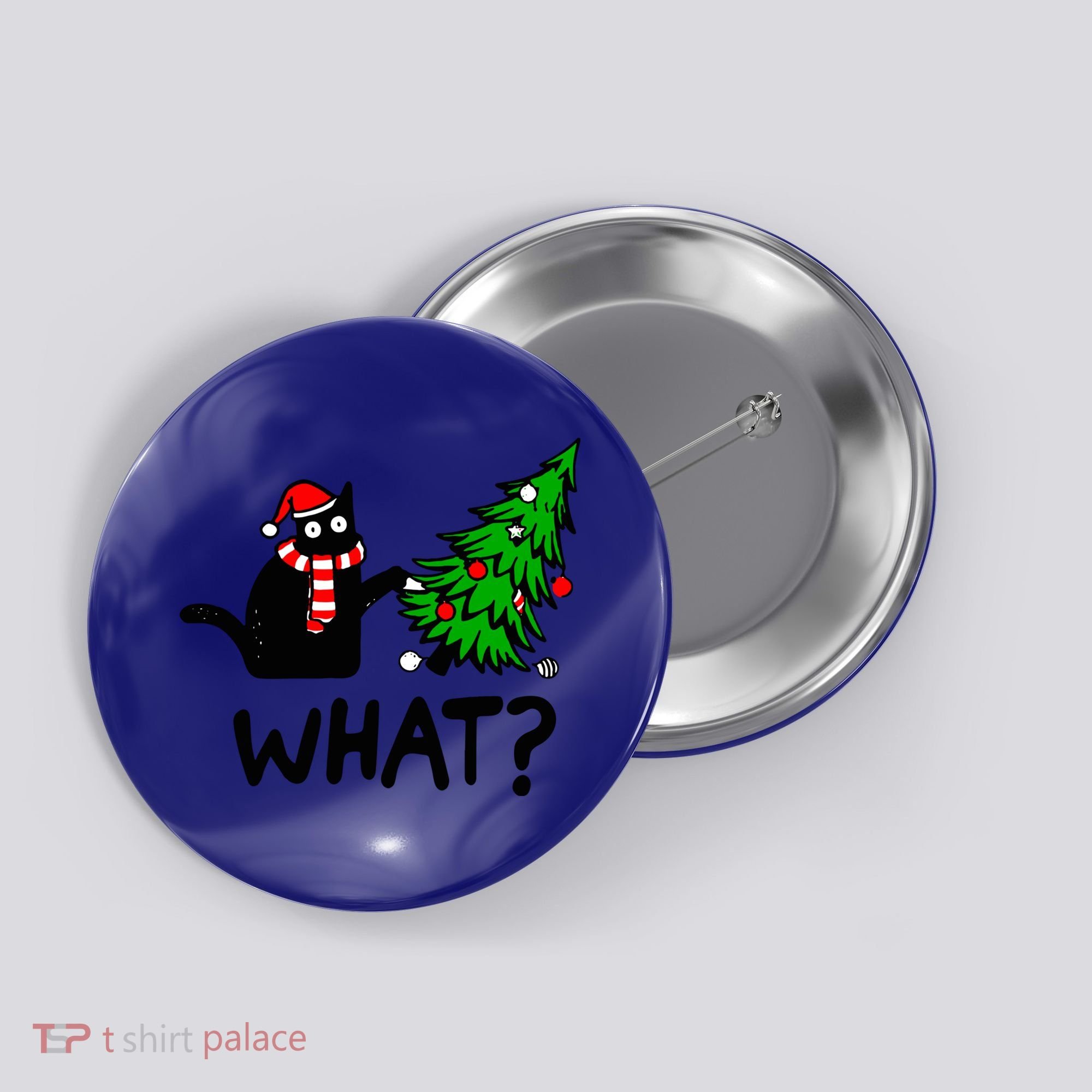 Funny Black Cat Gift Pushing Christmas Tree Over Cat What? Gift Button