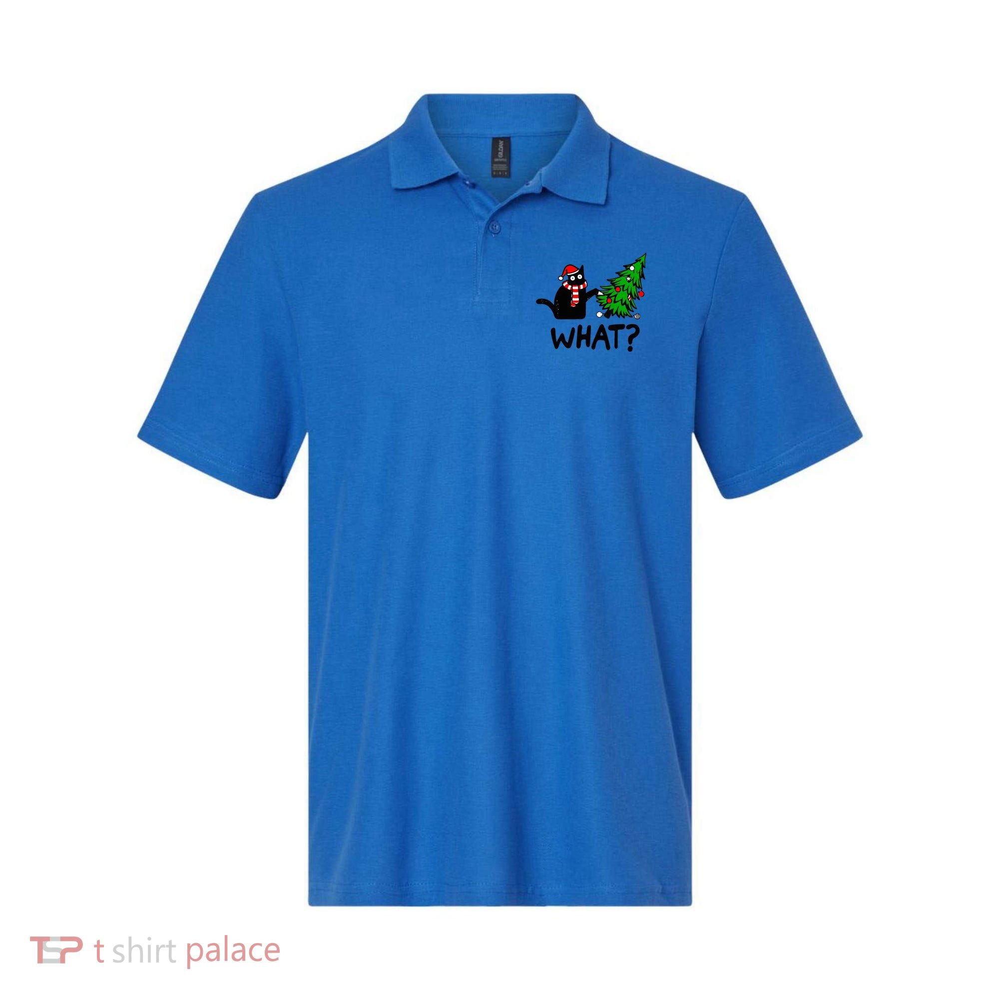 Funny Black Cat Gift Pushing Christmas Tree Over Cat What? Gift Polo