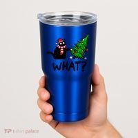 Funny Black Cat Gift Pushing Christmas Tree Over Cat What? Gift Tumbler thumb 2