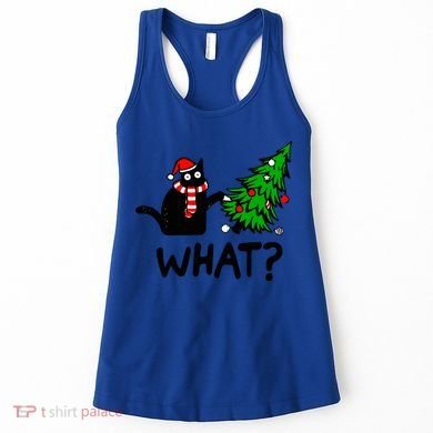 Funny Black Cat Gift Pushing Christmas Tree Over Cat What? Gift Women's Tank Top