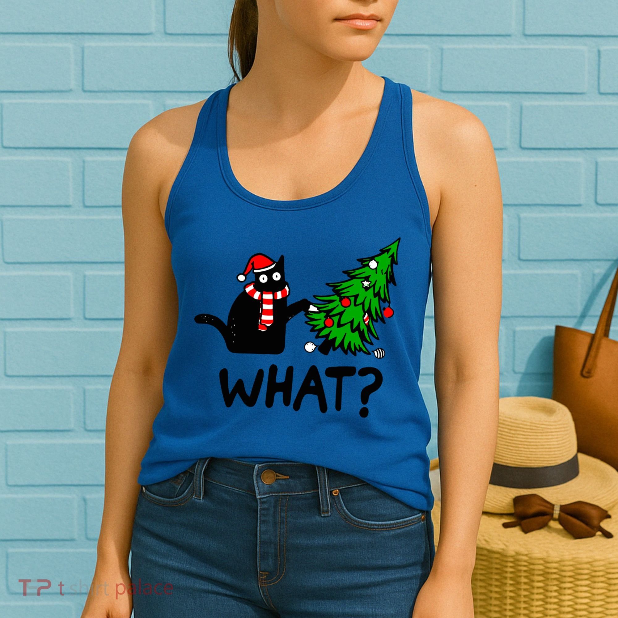 Funny Black Cat Gift Pushing Christmas Tree Over Cat What? Gift Women's Tank Top