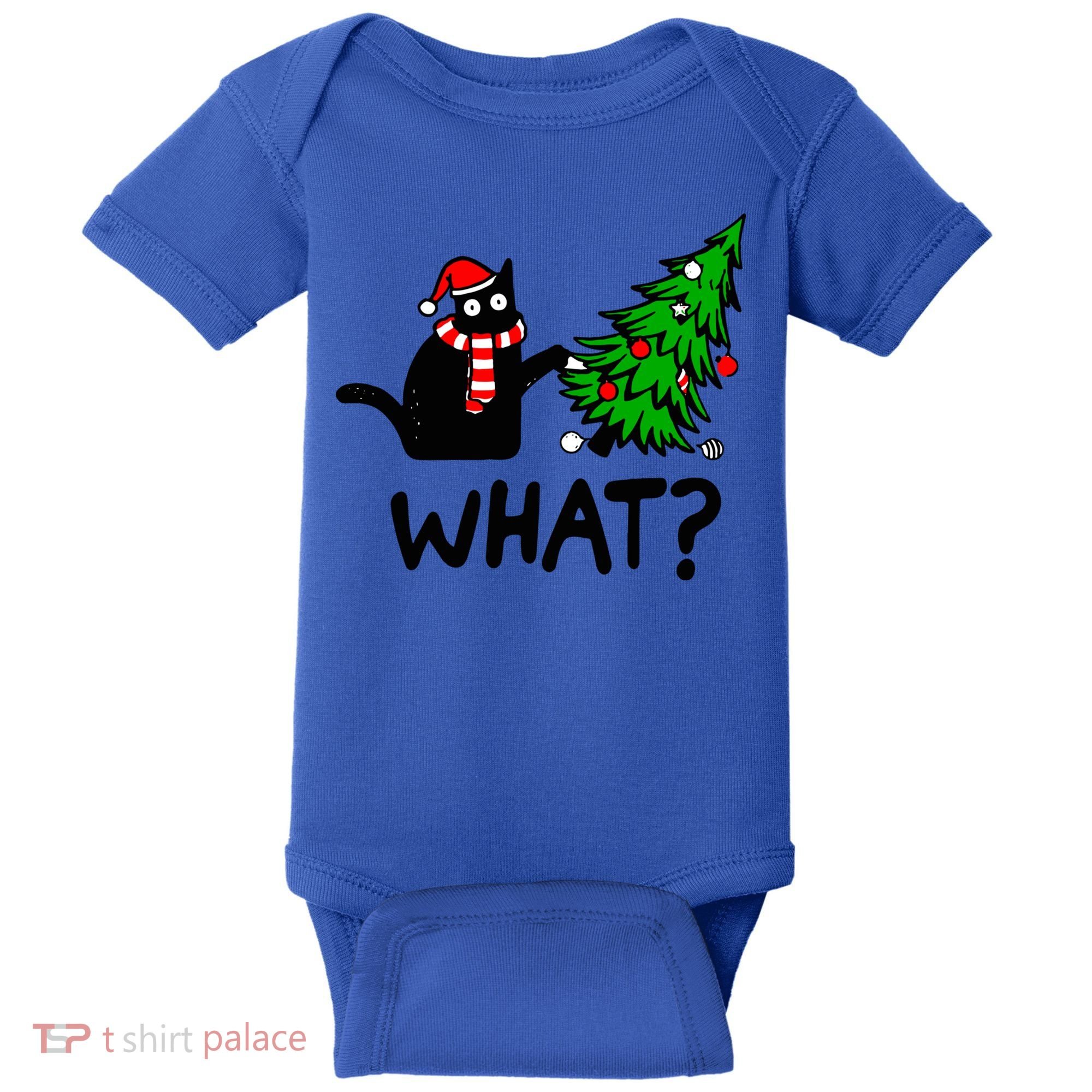 Funny Black Cat Gift Pushing Christmas Tree Over Cat What? Gift Baby Bodysuit