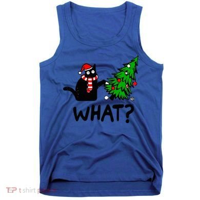 Funny Black Cat Gift Pushing Christmas Tree Over Cat What? Gift Tank Top