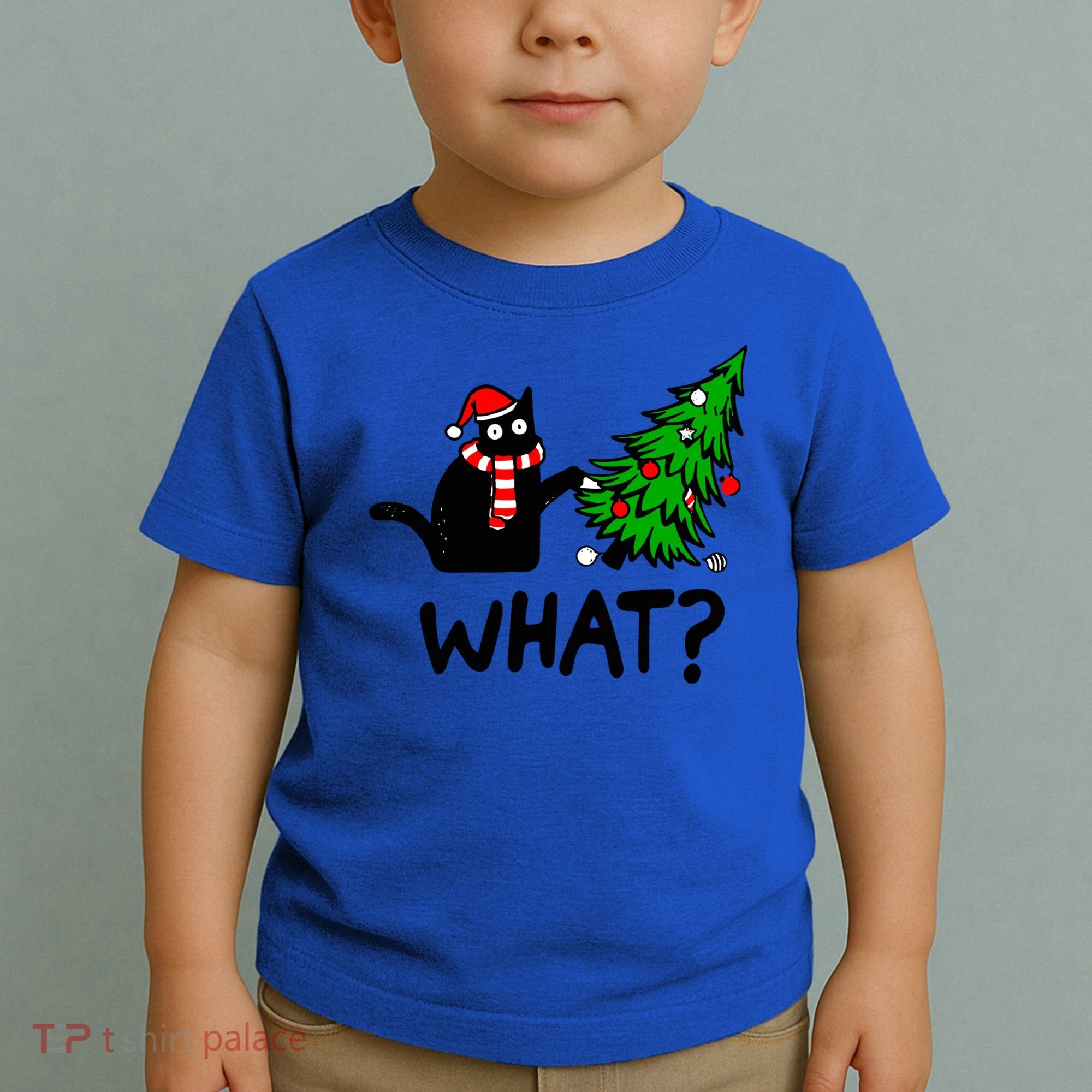 Funny Black Cat Gift Pushing Christmas Tree Over Cat What? Gift Toddler T-Shirt