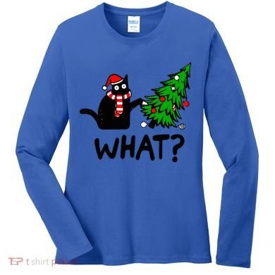 Funny Black Cat Gift Pushing Christmas Tree Over Cat What? Gift Women's Long Sleeve Shirt