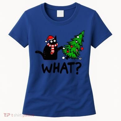 Funny Black Cat Gift Pushing Christmas Tree Over Cat What? Gift Women's T-Shirt