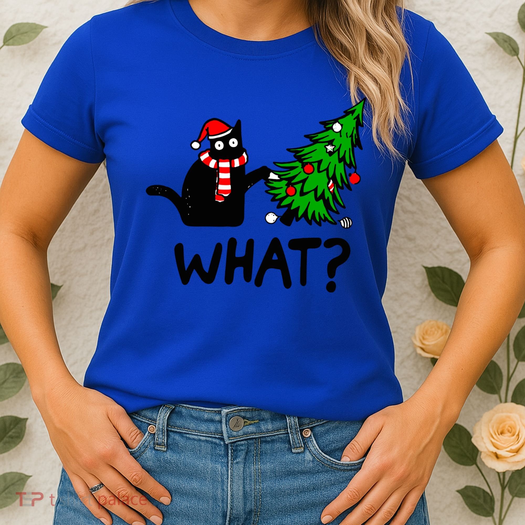 Funny Black Cat Gift Pushing Christmas Tree Over Cat What? Gift Women's T-Shirt