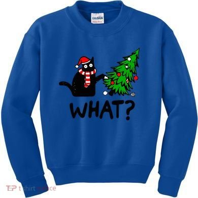 Funny Black Cat Gift Pushing Christmas Tree Over Cat What? Gift Kids Sweatshirt