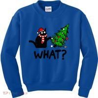 Funny Black Cat Gift Pushing Christmas Tree Over Cat What? Gift Kids Sweatshirt thumb 0