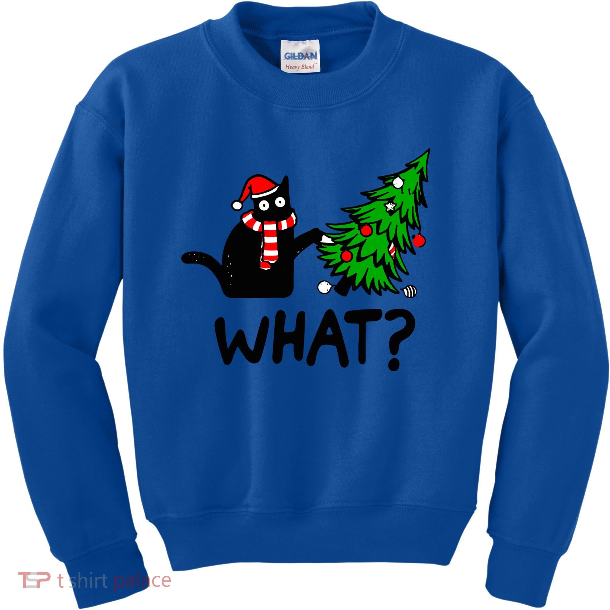 Funny Black Cat Gift Pushing Christmas Tree Over Cat What? Gift Kids Sweatshirt