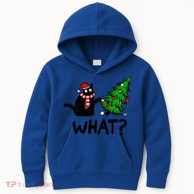 Funny Black Cat Gift Pushing Christmas Tree Over Cat What? Gift Kids Hoodie