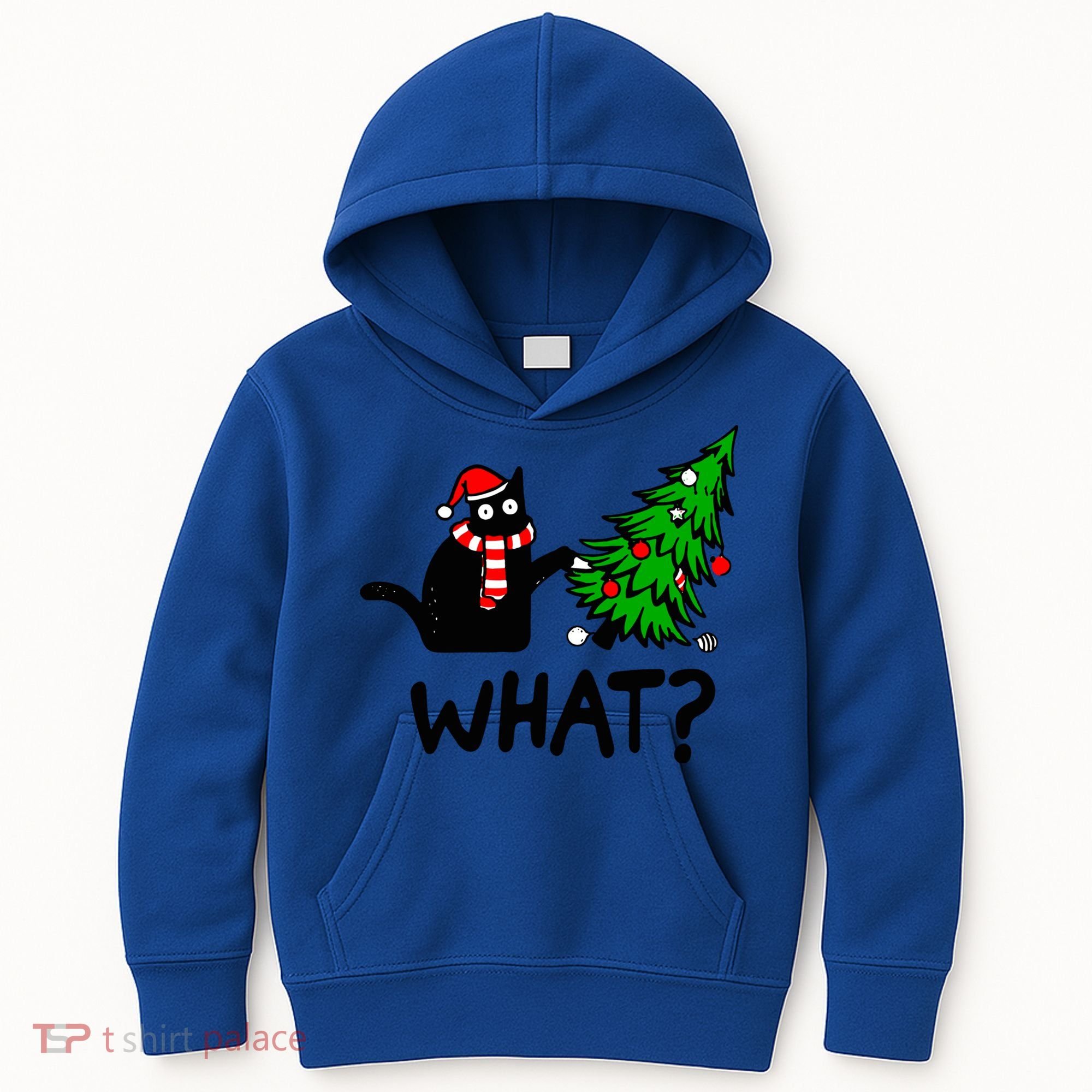 Funny Black Cat Gift Pushing Christmas Tree Over Cat What? Gift Kids Hoodie