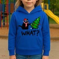 Funny Black Cat Gift Pushing Christmas Tree Over Cat What? Gift Kids Hoodie thumb 3
